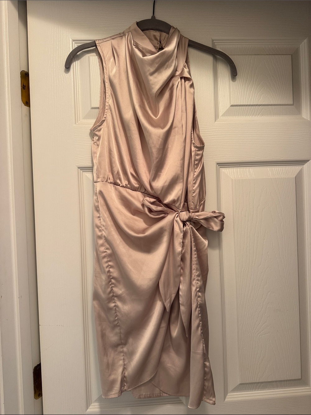 Satin Sleeveless Draped Tie-Waist Dress in Gold